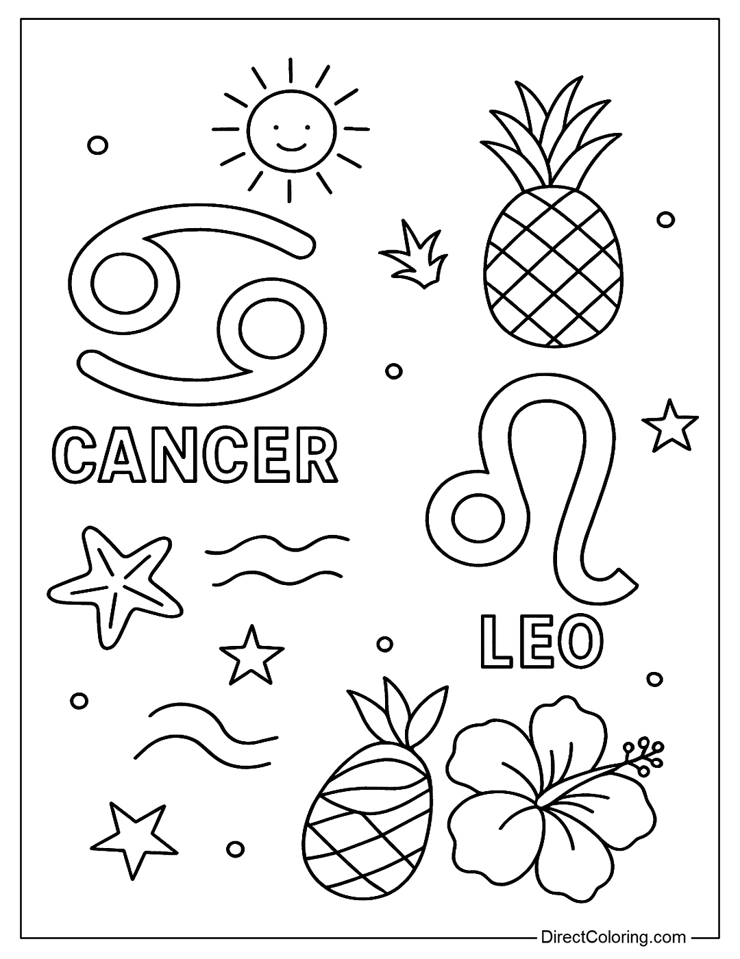 A coloring page of the two zodiac signs of July (Cancer and Leo) combined with summer symbols.